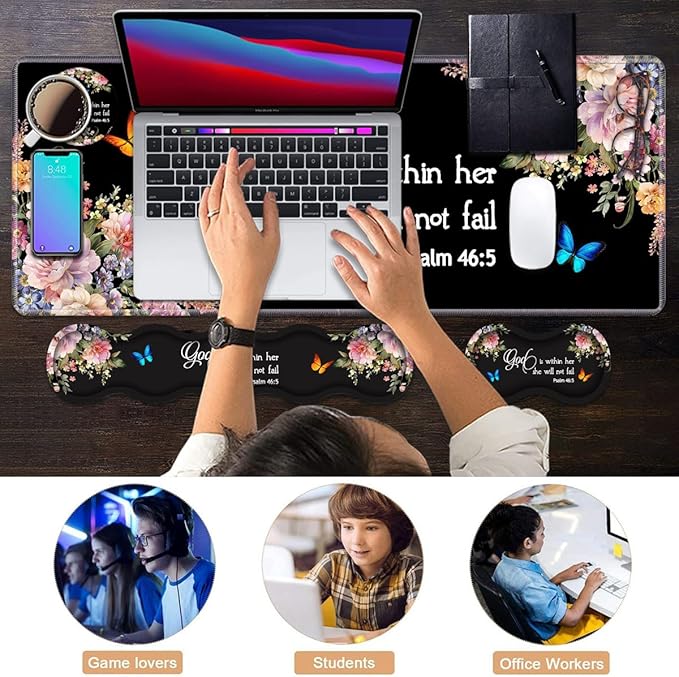 Ergonomic Keyboard Wrist Rest &amp Mouse Pad Wrist Rest Set Large XXL Gaming Desk Mat 31.5x 11.8 with Memory Foam Easy Typing Pain Relief for Office &amp Home Floral Quote Bible Verse Psalm 46: