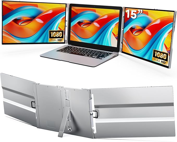 15'' Portable Laptop Screen Extender - Triple Monitor Setup Dual 1080P FHD Displays Aluminum Travel Monitor Multi Screen Attachment for 13.3-16.5'' Laptop with USB-C HDMI