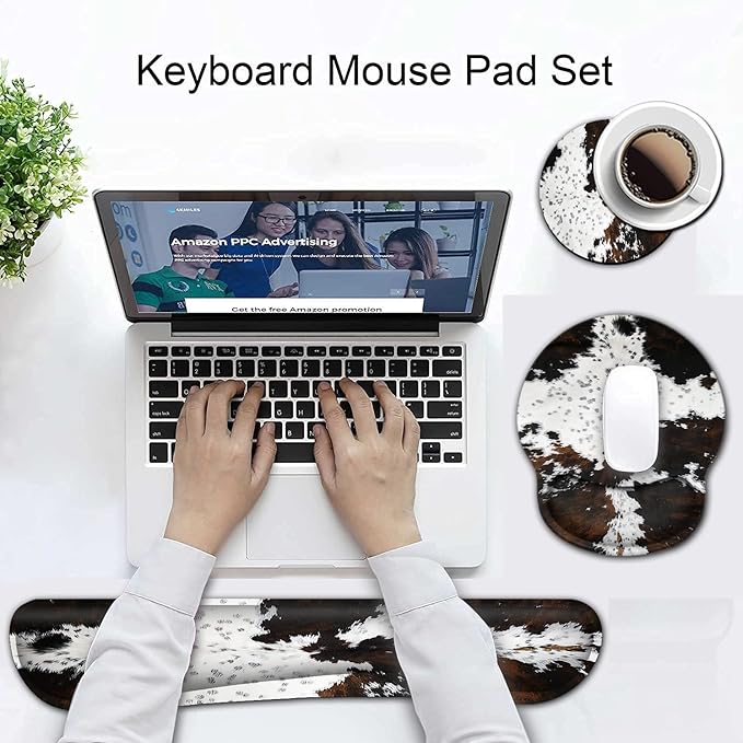 Ergonomic Mouse Pad Gel Wrist Support and Memory Foam Keyboard Wrist Rest Set for Gaming Computer Office Laptop Easy Typing Wireless Mouse Mat Black &amp White Cowhide Fur Pattern Office Desk Pad