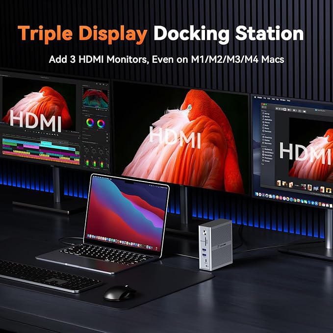 TobenONE DisplayLink Docking Station 3 Monitors 14-in-1 Triple Monitor Dock for M1-M5 MacBook/Mac mini Windows Chrome (3HDMI 120W Power Supply 5 USB Home Office &amp Professional Workspace