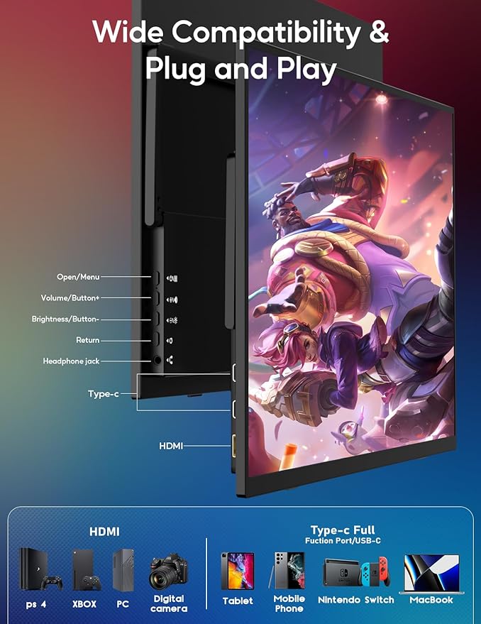 16'' 2.5K 144Hz Portable Gaming Monitor for Laptop 2560P×1440P IPS Screen with HDR 1000:1 FreeSync Ultra Slim &amp Eye CareTravel Monitor External Screen for Laptop PC PS5 Mac Xbox