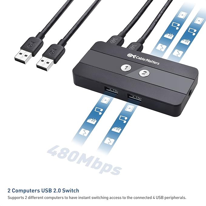 Cable Matters USB 2.0 Switch Hub USB Sharing Switch for 2 Computers and 4 USBA Peripherals - Button or Wireless Remote Control Swapping