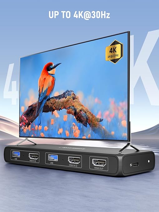 Lemorele KVM Switch 4K 2x1 2-Computer Sharing 1 Monitor with USB 3.0 Hub 4-Port USB for Mouse Keyboard Plug and Play USB-C Powered 4K@30Hz (2 USB Cables Included)