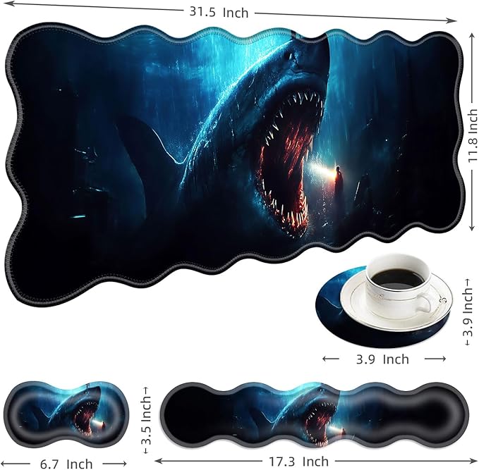 Large Mouse Pad and Keyboard Wrist Rest Desk Pad for Keyboard and Mouse 4-in-1 Large Gaming Mouse Pad with Wrist Support Desk Mat for Home Office Study Game-Cute Shark