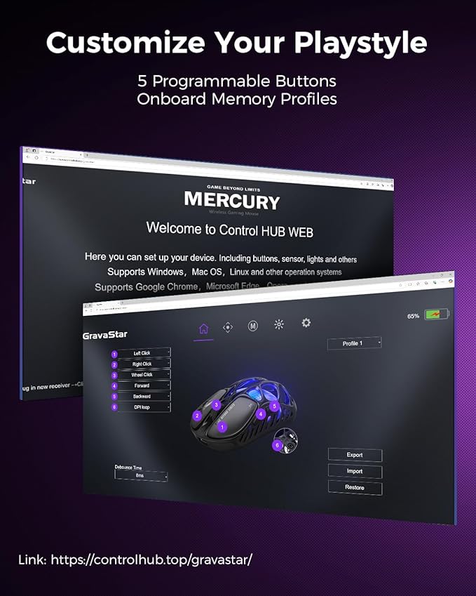 GravaStar Mercury X Pro Wireless Gaming Mouse Come with 8K Dongle – 32000 DPI PAW 3950 Sensor 8000Hz Polling Rate Only 49g Magnesium Alloy Hollow Frame RGB Lighting 5 Programmable Buttons