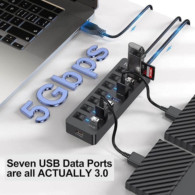 Powered USB Hub 3.0 5Gbps Data Transfer 7 Ports and 12W Charging-only 1 Port with 5V/3A Power Adapter 4Ft Long Cable &amp Individual Switches for Laptop PC Flash Drive External SSD HDD Keyboard Mous
