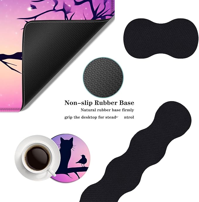 Mouse PadLarge Desk Mat Set 4in1 XL Mousepad + Keyboard Wrist Rest+Mouse Wrist Rest+Coaster with Ergonomic Desk Pad for Home Office Table Computer Cover -Cat and Birds on Branch