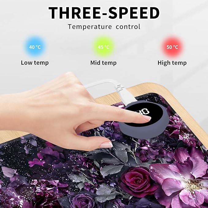 Heated Mouse Pad Hand Warmer Warm Desk Pad Mousepad Desk Mat with 3 Levels Heating and Auto Shut Down 31.5 x 13 inch PU Leather Warmer Keyboard Mat for Gaming Laptop Office Home Purple Flower
