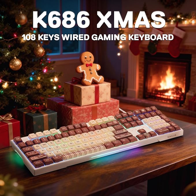 Redragon K668 Xmas Wired Gasket RGB Gaming Keyboard 108 Keys Mechanical Keyboard w/Extra 4 Hotkeys Upgraded Hot-swappable Socket Sound Absorbing Foam Christmas Gingerbread Man Themed Cute Keycaps