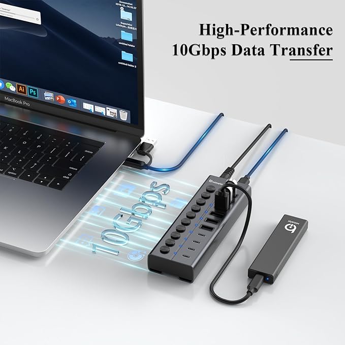 Powered USB Hub 10-Port USB C Hub with 6 USB-A 3.2 4 USB-C 3.2 Ports Individual Switches and 12V/5A Power Adapter Aluminum USB Extension for MacBook Laptop/PC and More.