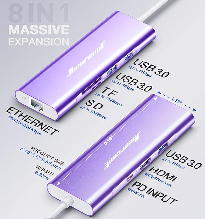 Hiearcool USB C Hub USB-C Ethernet Dongle 4K@60Hz HDMI Multi-Port Adapter USBC Docking Station Compatible for MacBook Dell HP Thunderbolt 3 4 Laptops-Purple