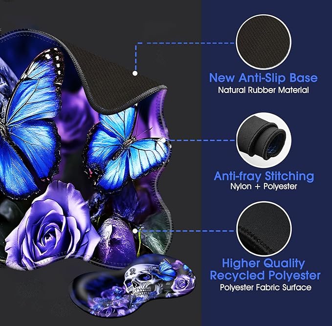 Large Mouse Pad and Keyboard Wrist Rest Desk Pad for Keyboard and Mouse 4-in-1 Large Gaming Mouse Pad with Wrist Support Desk Mat for Home Office Study Game-Skull and Butterflies