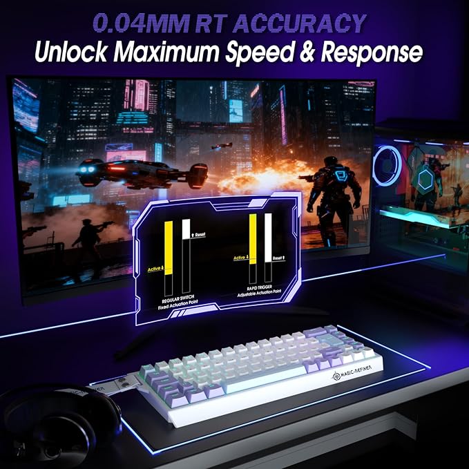 ZIYOU LANG X Magic-Refiner X68HE 8KHz Rapid Trigger Mechanical Gaming Keyboard60% WiredHall Effect Magnetic SwitchAdjustable ActuationRGB BacklitSnap Tap RGB Backlit for PC/Mac Purple&ampWhite