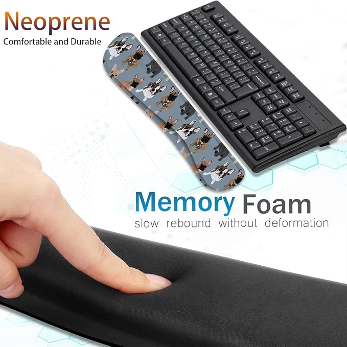 Keyboard Wrist Rest Pad + Square Mouse Pad + Wrist Rest Support Pad + Coaster Ergonomic Memory Wrist Rest Support 4-Piece Combo Set for Gaming and Office French Bulldogs