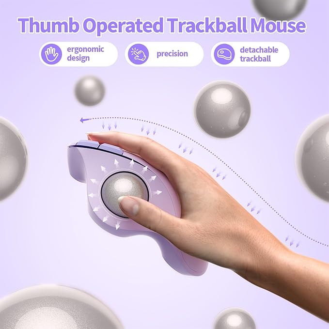 seenda Wireless Trackball Mouse Bluetooth - Ergonomic Rollerball Mouse Rechargeable 3 Device Connection Optical Mice Adjustable DPI Thumb Control Mice Compatible for Mac/Android/Windows-Light Purple