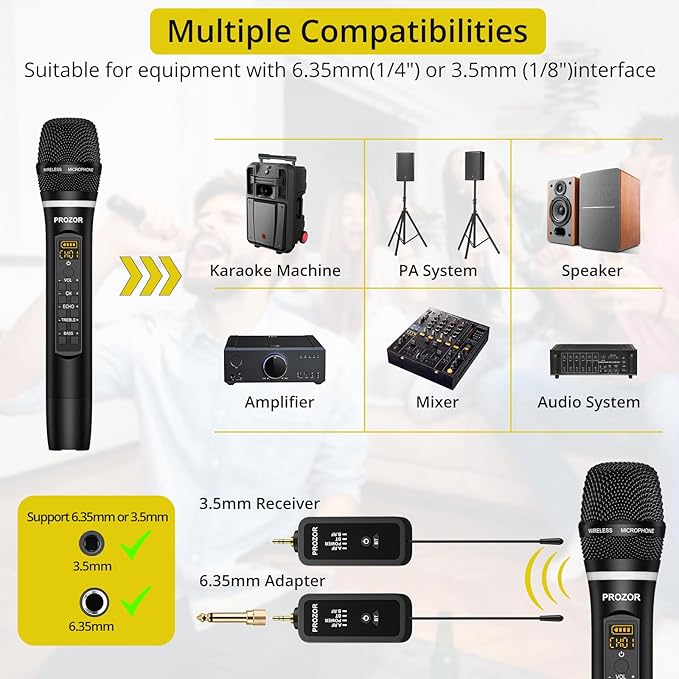 PROZOR UHF Wireless Microphone with Volume Treble Bass Echo Control Wireless Rechargeable Mic Dual Handheld Dynamic Mic System with Rechargeable Receiver for Karaoke Machines DJ Church Weddings