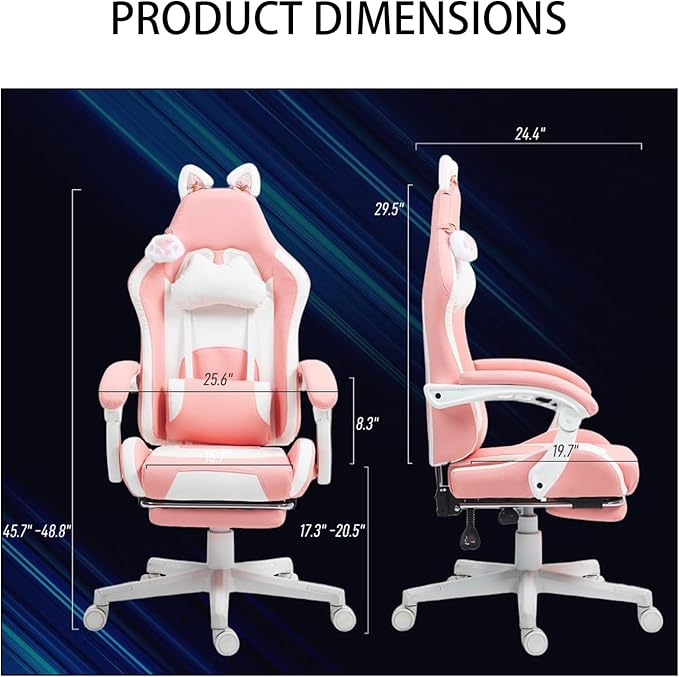 Gaming Chair with Footrest Cute Cat Gamer Chair with Reclining Massage Lumbar Support and Headrest for Cute Home Office Setup Pink