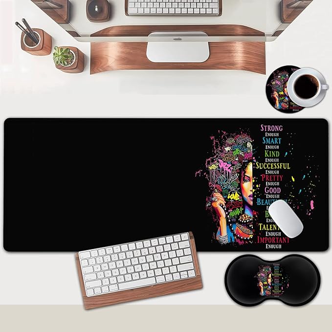 Large Mouse Pad Extended Office Desk Pad 31.5x11.8inErgonomic Memory Foam Mouse Wrist Rest Support for Home Office Computer Writing PadAfrican American Woman Black Women XXL Black Gaming Mouse Mat