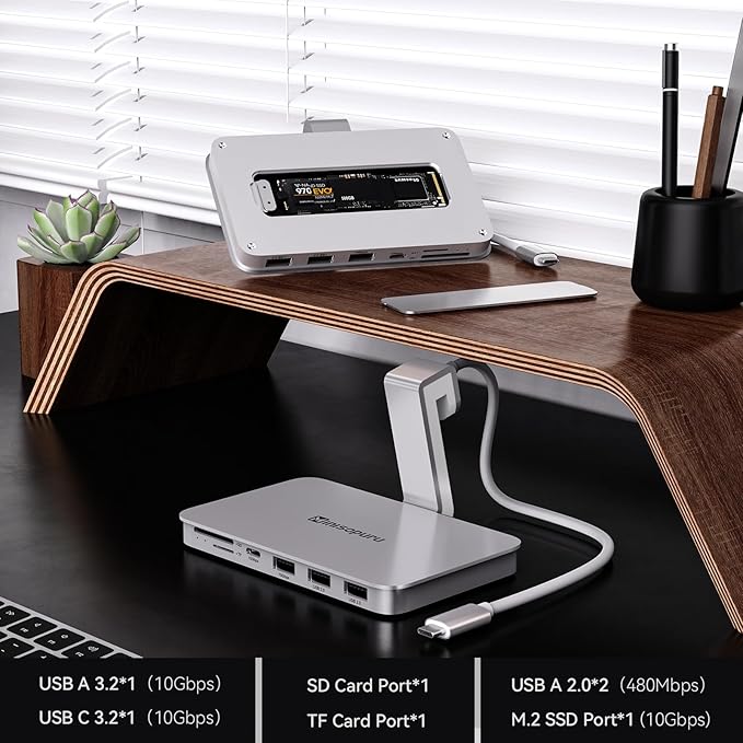 Minisopuru iMac Hub - Compatible with iMac 24 inch M1/M3/M4 and Studio Display 27 inch Accessories Support Max 10Gbps M.2 SSD (SSD Not Included) USB A/C 10Gbps SD/TF Silver.