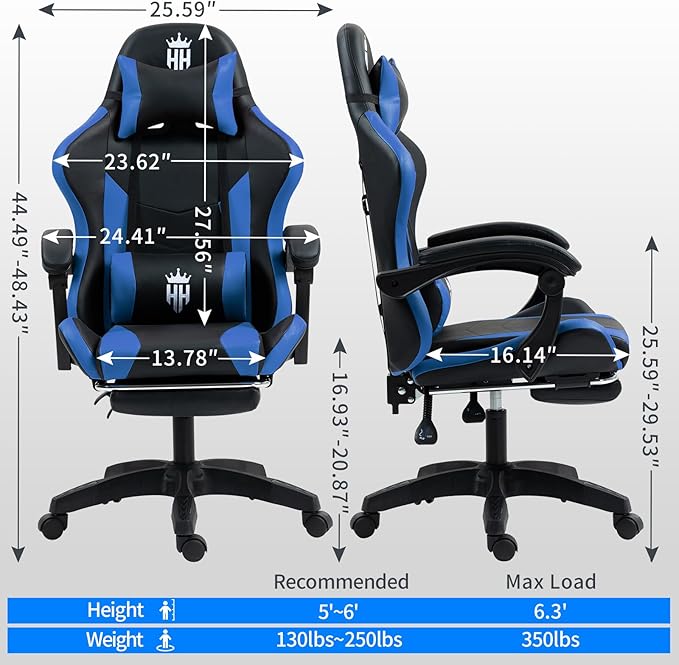 Gaming Chair with Footrest Ergonomic Computer Chair for Adult Adjustable Headrest Lumbar Pillow Large Size Reclining Gaming Chair Big and Tall with Linkage Armrest for Home Office Gaming (Blue)