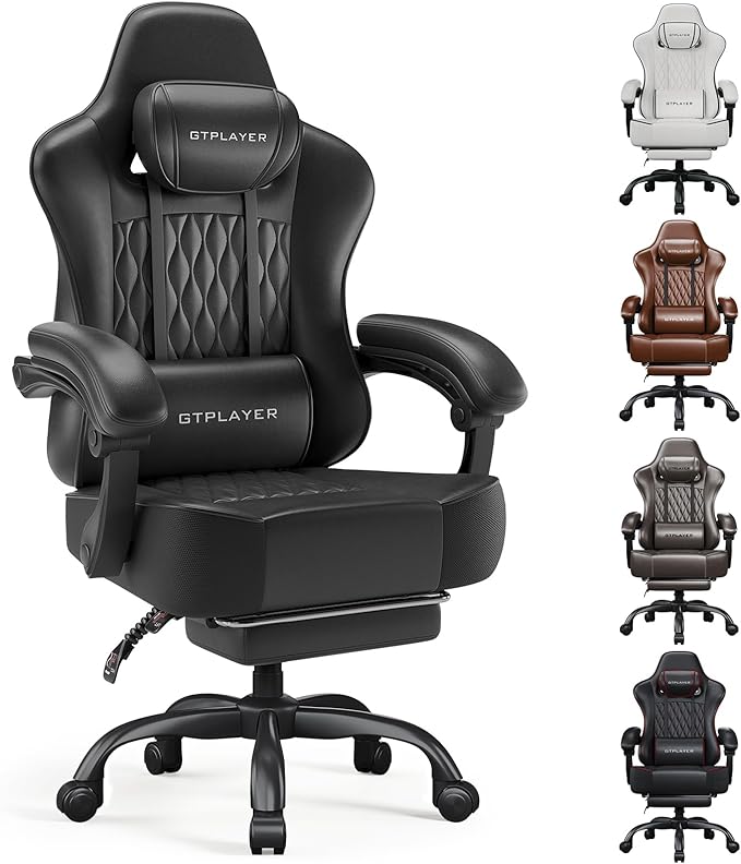 GTPLAYER Big and Tall Gaming Chair with Footrest Ergonomic Office Desk Chair with 4.4in Thick Cushion and Wide Wingless Seat Comfortable Leather Computer Chair Predator Series Black