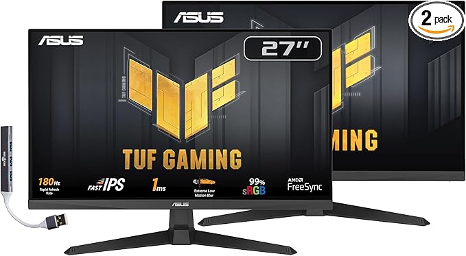 ASUS TUF Gaming 27 FHD IPS Monitor with 1ms Response Time 180Hz Refresh Rate Anti Glare Flicker Free VESA Mount (100mm) Displayport HDMI &amp Dockztorm USB Port Expander Black Color 2 Pack