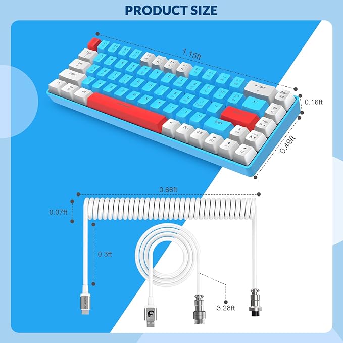 T8 60% Gaming Keyboard68 Keys Compact Mini Wired Mechanical Keyboard with 18 Chroma RGB BacklitBlue SwitchUSB C Coiled Keyboard Cablefor PCLaptopMacPS4Xbox-Blue