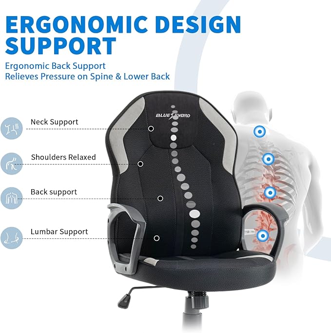 Ergonomic Gaming Chair Adjustable Height Black Office Chair with Lumbar Support and 360° Swivel Home Office Desk Chairs with Armrests for Office or Gaming Easy Assembly