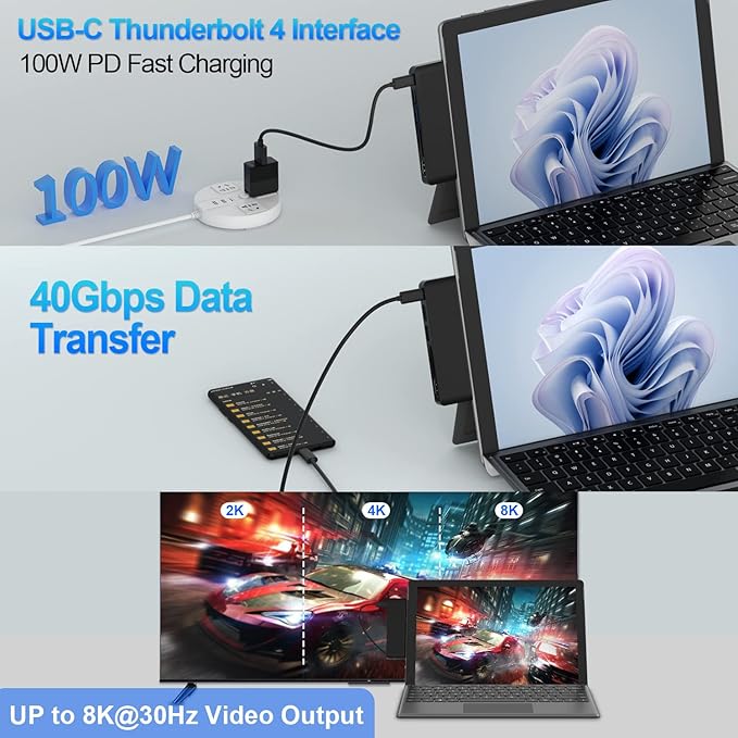 Surface Pro 9/10/11/X Accessories Surface Pro 9 Docking Station with 4K HDMI USB-C Thunerbolt 4 (Display+Data+PD Charging) 2 USB 3.0 SD/TF Card Reader for Surface Pro 9/Pro10/Pro11/ProX