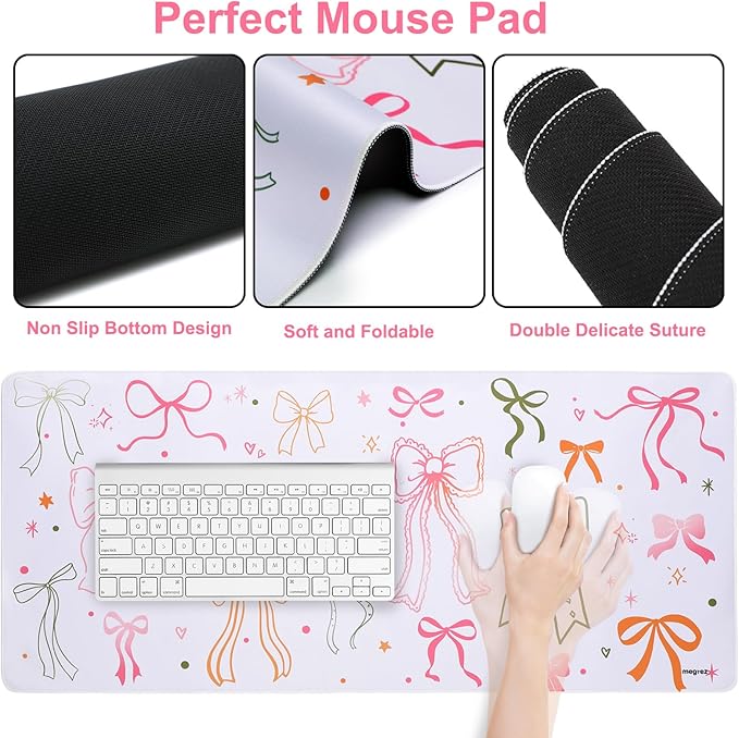 MEGREZ 4-in-1 Ergonomic Memory Foam Wrist Rest Set Desk Pad Mouse Pad with Wrist Rest Keyboard Pad Suitable for Office Workers Programmers &amp Gamers–Relieve Typing &amp Gaming Fatigue Bow