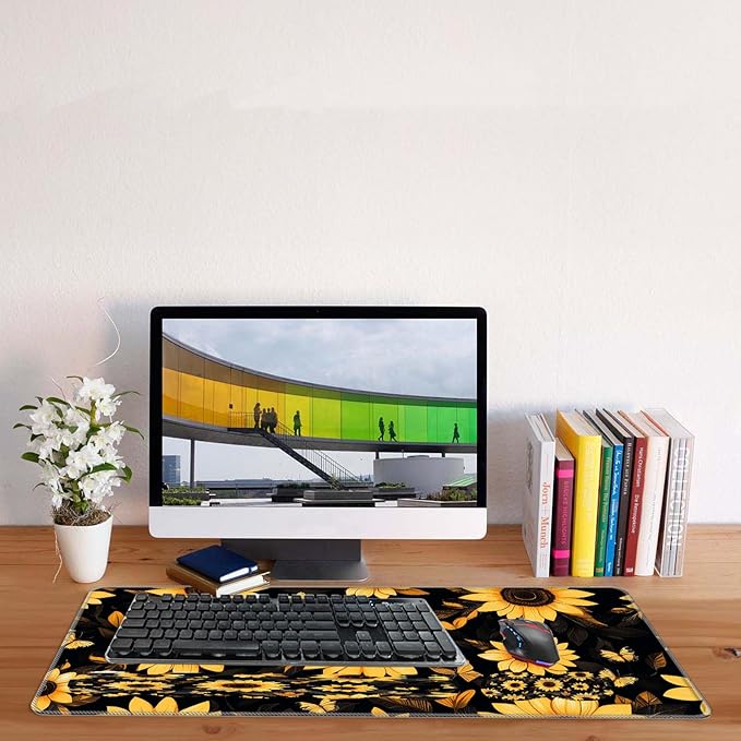 Keyboard Mouse Pad SetLarge Desk Pad+Keyboard Wrist Rest+Mouse Wrist Support+CoasterEasy Typing Pain Relief Non-Slip Wrist Support Mousepad Set Home OfficeSunflowers and Butterflies