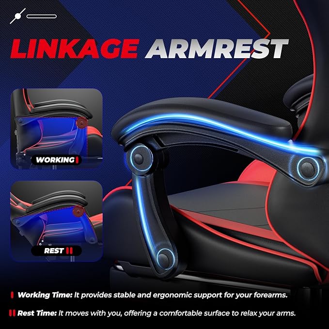 Auto Dynasty Ergonomic Gaming Chair High-Back Office Chair w/Adjustable Lumbar Support Linkage Armrest Headrest &amp Footrest 350LBS Recliner Swivel Computer Game Racing Chair Red/Black