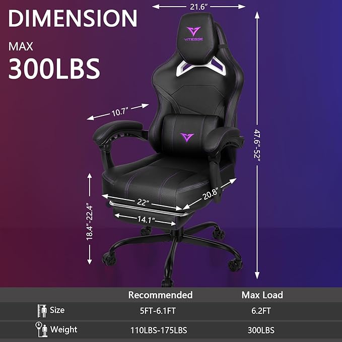 Waleaf Big and Tall Gaming Chair for Adults with Footrest 400lbs Weight Capacity Video Game Chairs for Office Ergonomic Computer Gaming Chair with Lumbar Support and Headrest (Purple)