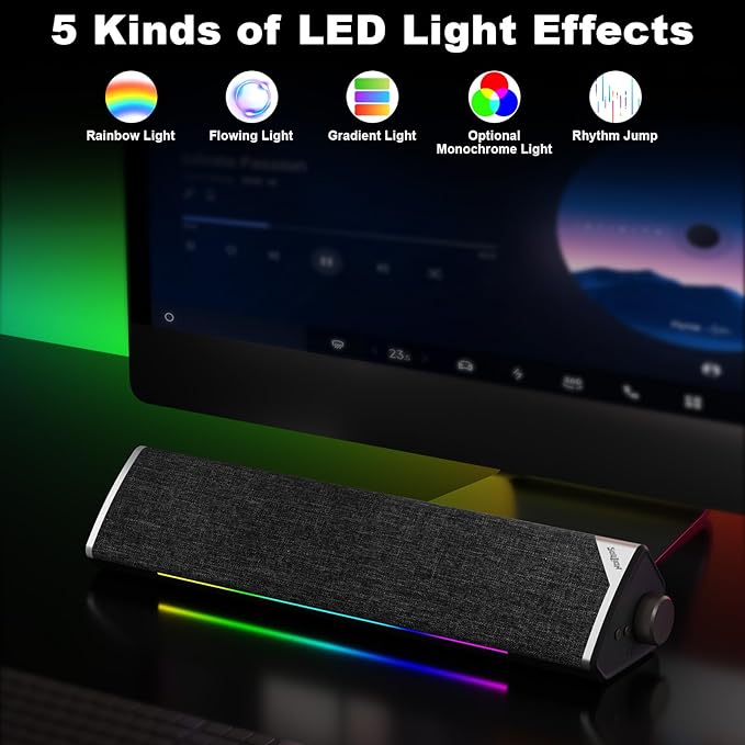 SOULION Computer Speakers USB-Powered Bluetooth PC Soundbar with Dynamic RGB LED Lights Surround Sound for Desktop Laptop Office Work Music &amp Gaming Black (USB-C to USB Adapter Included)