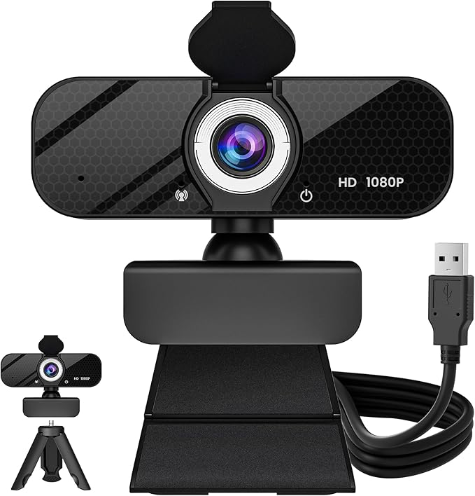 1080P HD Webcam with Built-in Microphone Rotatable Tripod Wide-Angle LensPrivacy Cover Auto Light Correction Plug &amp Play USB-A Webcam for Laptop Desktop PC Streaming-Black-1