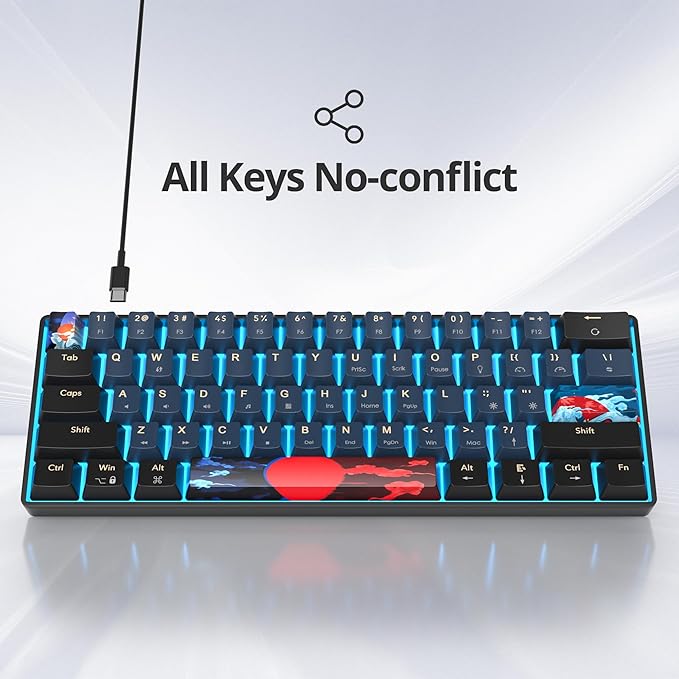 Protable 60% Percent Gaming Keyboard Mechanical Mini Compact Ice-Blue LED Backlit 61 Keys Wired Office Keyboard with Red Switch for Mac/Win/PS4/PS5（Black/Red Switch）
