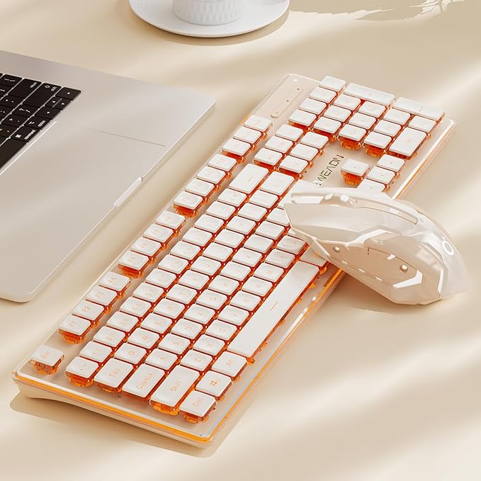 EWEADN V3 Wireless Keyboard and Mouse with Single Backlit Metal Panel Bluetooth/2.4G Rechargeable Computer Keyboard and Mouse Combo Silent Lighted Full Size Cute Keyboards-Rose Gold