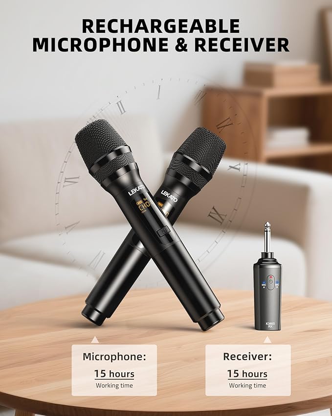 LEKATO Wireless Microphone 2.4GHz Rechargeable Dual Handheld Wireless Dynamic Microphone System Set with 1/4 Receiver Professional Cordless Microphone for Karaoke Wedding Party Speech Church