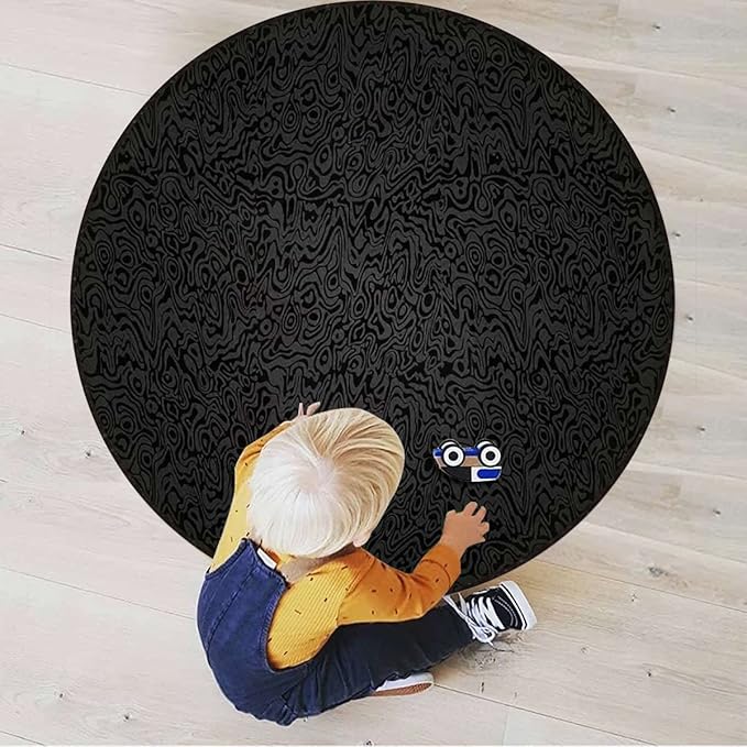 Medieval Ornament Round Area Rug Swivel Chair Mats for Hardwood Floor Washable Waterproof Spill Mat Anti-Slip Floor Protector Baroque Curved Flower LinesBlack Grey Diameter 35.5 in