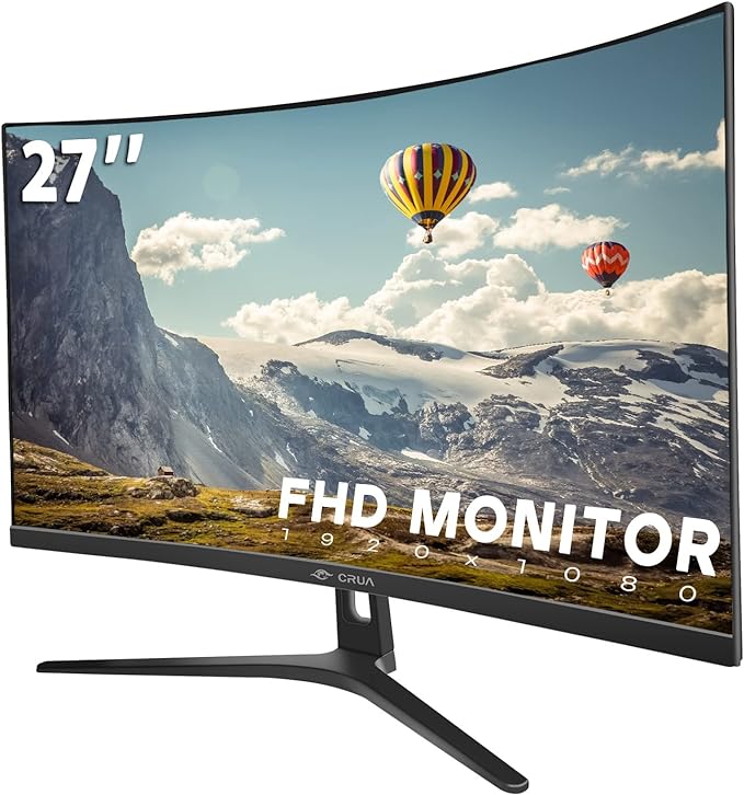 CRUA 27 Curved Monitor FHD(1920x1080P) VA Panel 100HZ 120% sRGB Professional Computer Monitor Narrow Bezels on Three Sides Blue Light Filter Office and Dormitory(HDMI VGA)-Black