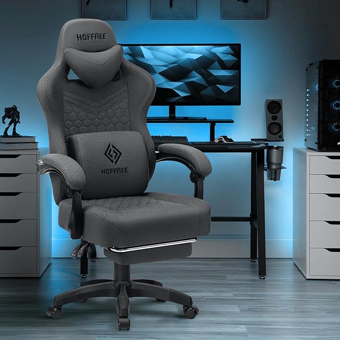 HOFFREE Gaming Chair Computer Chair with Speakers Massage Fabric Reclining Game Chair with Footrest Ergonomic High Back Gamer Chair Heavy Duty Gaming Chairs for Adults Dark Grey