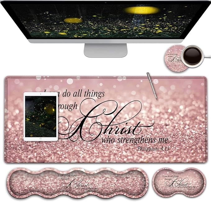 Gaming Mouse PadLarge Mouse Pad with Stitched EdgeNon-Slip Base Office Desk Pad Ergonomic Keyboard Wrist Rest SetWaterproof Writing PadPhilippians 4：13 Bible Pink Glitter Extended XXL Desk Ma
