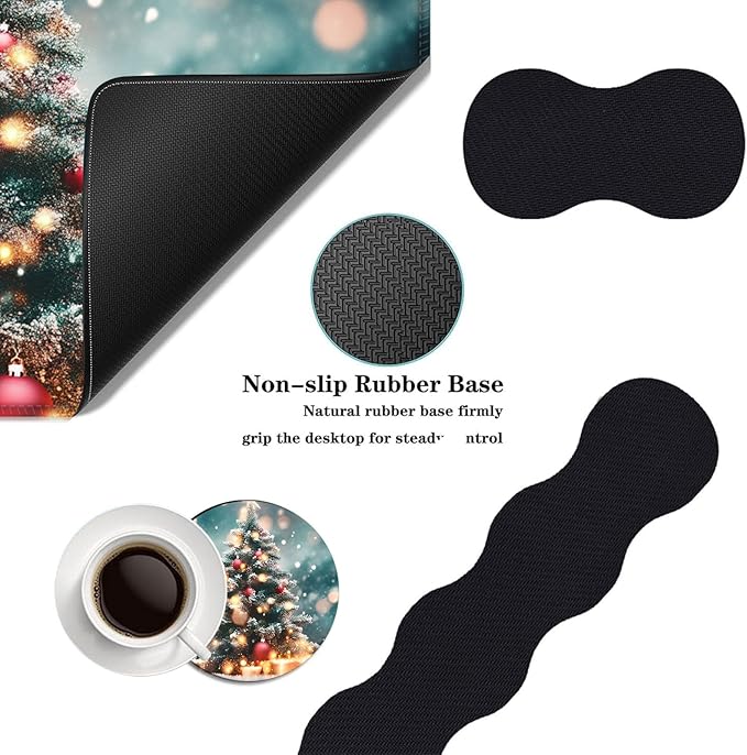 Mouse PadLarge Desk Mat Set 4in1 XL Mousepad + Keyboard Wrist Rest+Mouse Wrist Rest+Coaster with Ergonomic Desk Pad for Home Office Table Computer Cover -Snowy Christmas Tree with Lights
