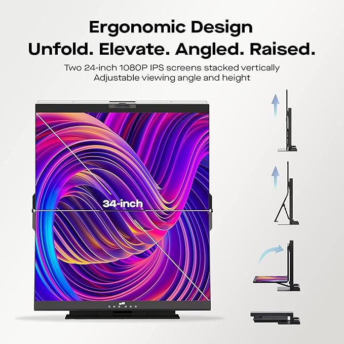 Mobile Pixels Geminos Dual 24 Stacked Computer Monitors with 100W USB-C Charging 1080P Webcam&ampSpeakers All-Inclusive Vertical Desktop Monitor HDMI/USB-A/USB-C2 Monitors