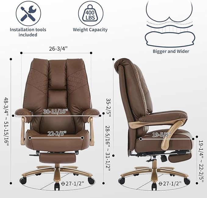 Big and Tall Executive Office Chair with Footrest 400LBS Capacity Ergonomic High-Back Desk Office Chair with Lumbar Support Padded Armrests &amp Thick Cushion Brown PU Leather Chairs