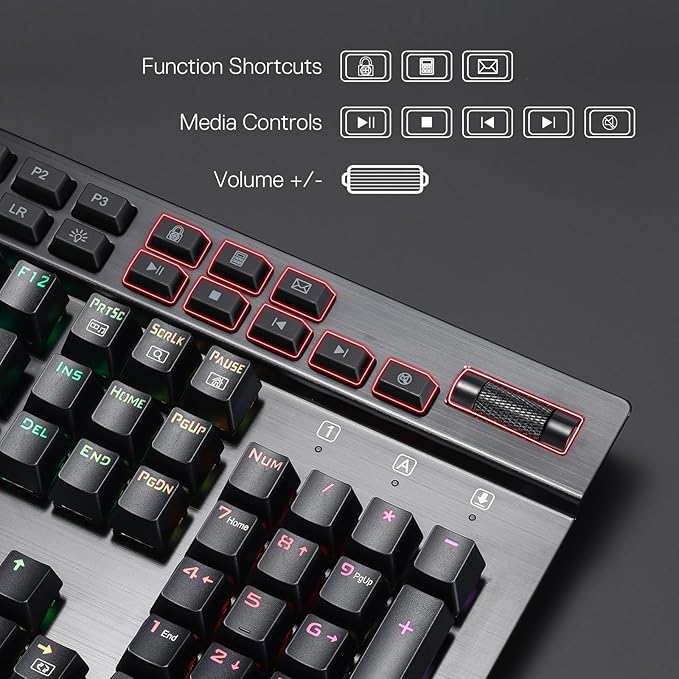 Redragon K550 RGB Gaming Keyboard 104 Keys + 12 Macro G Keys Wired Mechanical Keyboard w/Aluminum Top Plate Custom Clicky Purple Switch Extra USB Port &amp Wrist Rest