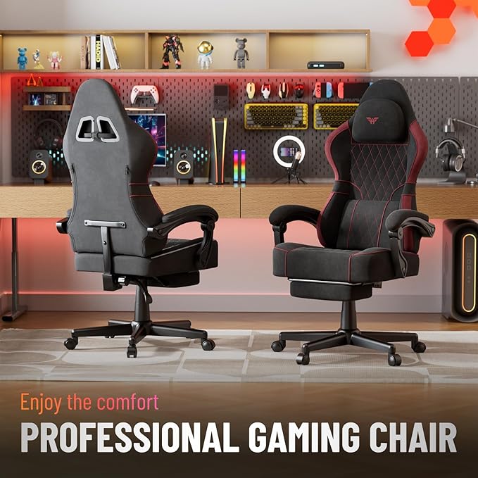 Ferghana Gaming Chair Velvet Fabric Comfortable Computer Chair with Footrest and Linkage Armrest Ergonomic High Back Game Chair with Massage Lumbar Support for Adult Black/Red