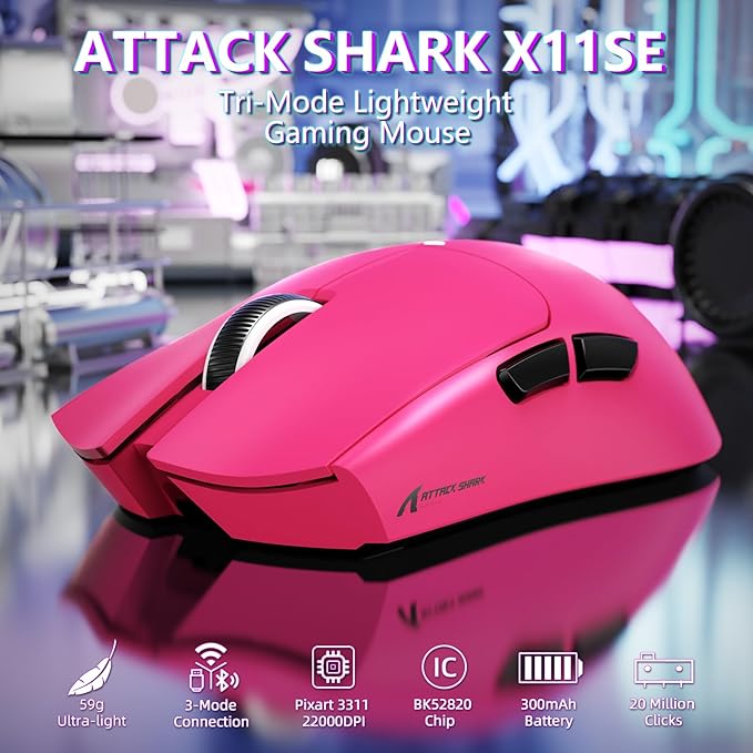 MAMBASNAKE Attack Shark X11SE Lightweight Wireless Gaming Mouse Tri-Mode 2.4G/USB-C Wired/BT 22K DPI PAW3311 Optical Sensor 59g 5 Programmable Buttons 300mAh Battery for PC/Mac((Berry Red)