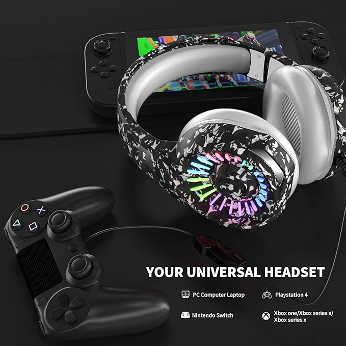 ZIUMIER Camo Gaming Headset for PS4 PS5 Xbox One PC Laptop Mac Switch 3.5MM Wired Gaming Headphones with Microphone Bass Surround LED Light Camouflage