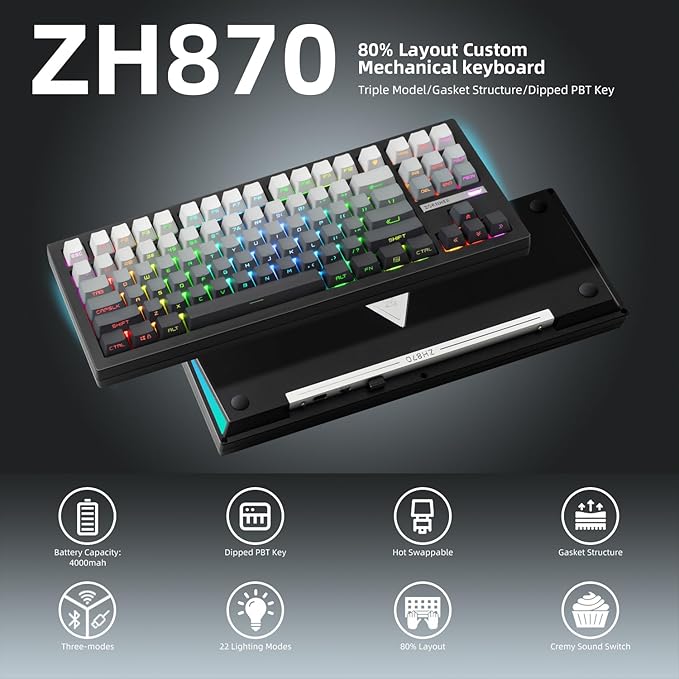 ZORNHER ZH870 Wireless Mechanical Gaming Keyboard80% Black Custom Creamy Sound Keyboard with Shine Through PBT KeycapsPre-lubed Linear SwitchesHot-SwappableRGB Backlit2.4GHz/USB-C/BT5.0